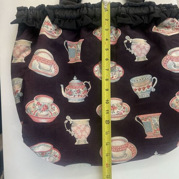 Vintage Ladies Large Black Tote Teacups print Lined Hinged‎ Metal Closure Ruffle - Picture 11 of 11